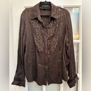 LINDA ALLARD ELLEN TRACY 100% Silk Brown Sequin Blouse Top Formal Plus Size 20